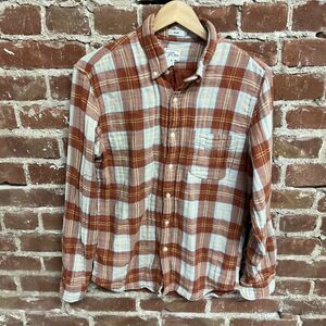 J. Crew Slim Chambray Double-weave Work Shirt Blue Plaid Size Medium Orange